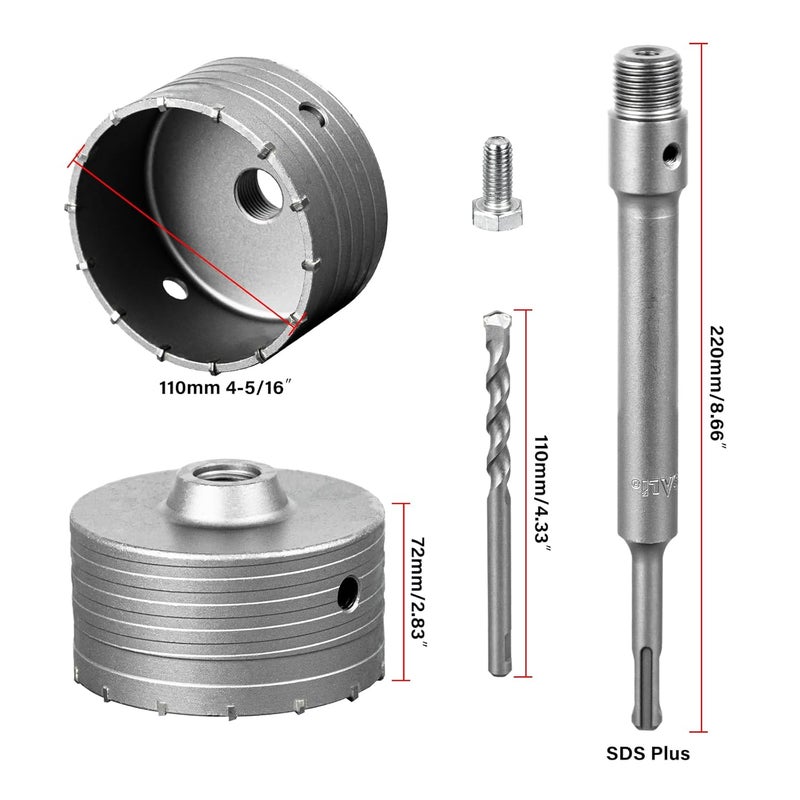 SALI Concrete Hole Saw Kits 4-5/16"（110mm）Tungsten Steel Wall Hole Cutter Drill Bit Sets with 220mm SDS Plus Shank Connecting Rod，110mm Center Positioning Drill Bits for Cinder Block,Brick,Adobe Wall - Image 2
